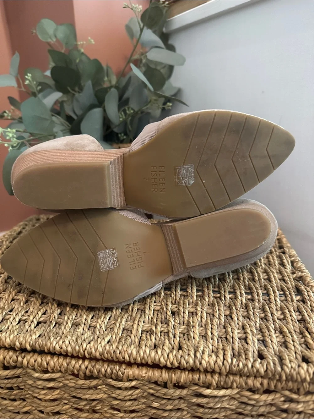 Eileen Fisher Hilly D’Orsay 7 tan suede mesh slip on 2” heel wedge shoes